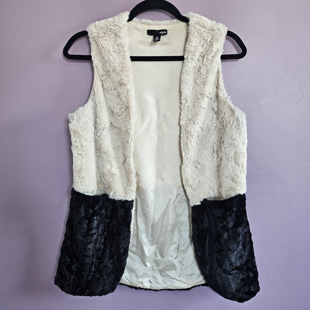Aqua Faux Fur Beige & Black Colorblock Soft Chic Open Front Vest